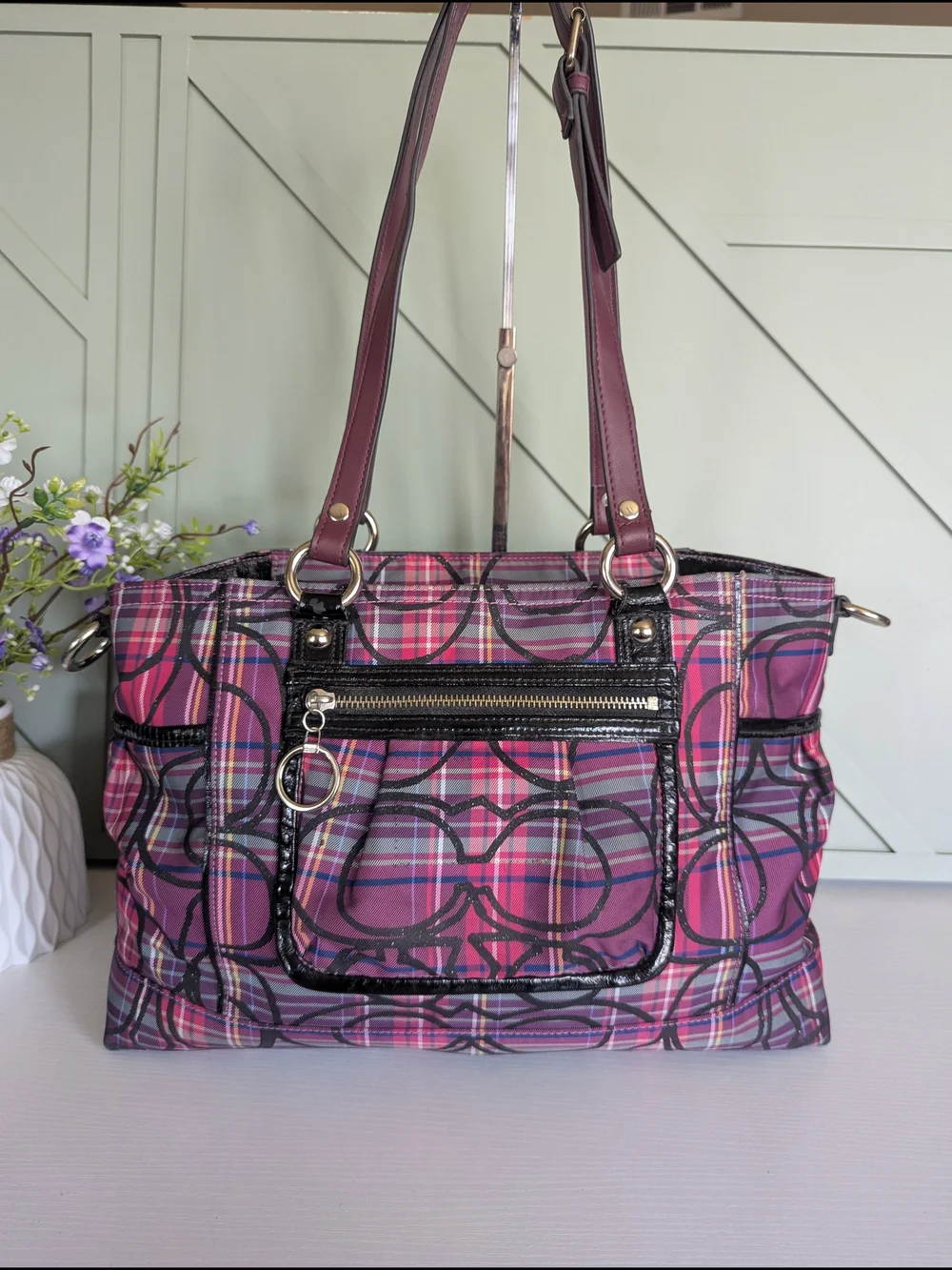 Coach Pink and Purple Plaid Signature Tote